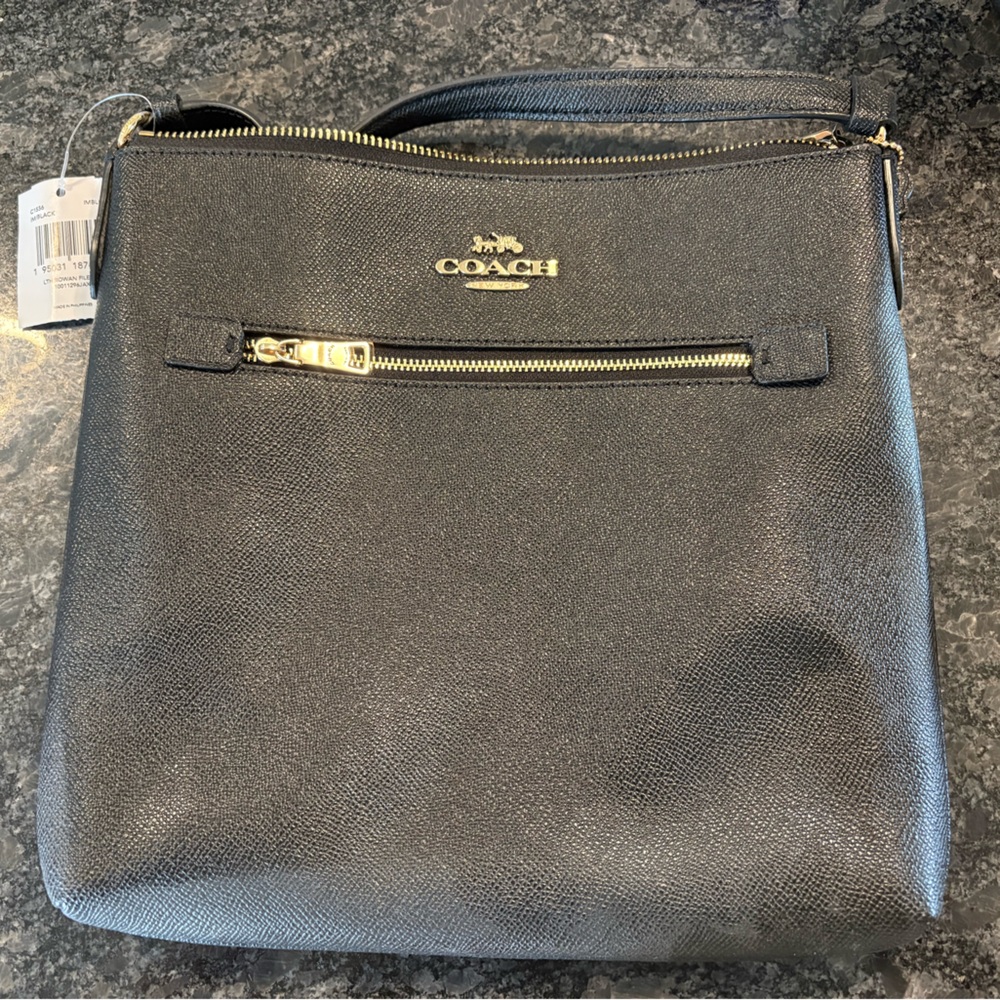 Coach Black Leather Messenger Bag with Gold Hardware